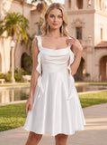 Square Neck Cowl Bust Ruffle Shoulder Strap A-Line Satin Mini Dress