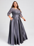 Plus Size A-line Scoop Illusion Floor-Length Satin Lace Mother of the Bride Dress With Sequins Bow