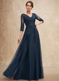 A-line V-Neck Floor-Length Tulle Lace Mother of the Bride Dress With Sequins