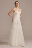 Spaghetti Strap Sweetheart 3D Floral & Vine Applique Tulle Wedding Dress with Train