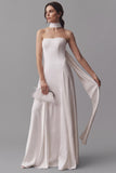 Strapless Neck-Scarf Drop-Waist Satin Wedding Gown