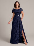 Cowl Neck Cap Sleeve Floral Jacquard A-Line Mother of the Bride Dress with Brooch & Side Slit