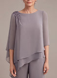 2-Piece Boat Neck 3/4 Sleeve Beaded Shoulder Asymmetric Tiered Chiffon Pantsuit