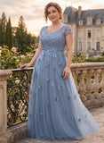 Plus Size V-Neck Cap Sleeve 3D Floral Lace Applique Tulle Dress