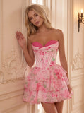 Strapless Sweetheart Lace Trim Floral Print Boned Corset Tiered Ruffle Homecoming Dress
