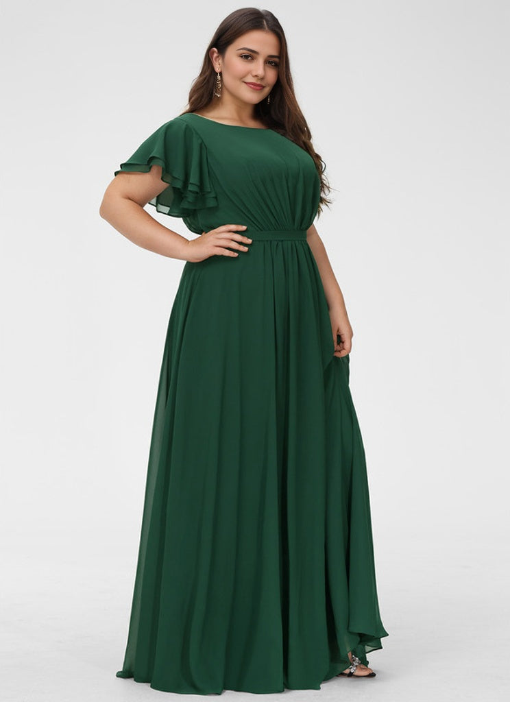 A-line Scoop Floor-Length Chiffon Bridesmaid Dress With Ruffle RoseProm A-line Scoop Floor-Length Chiffon Bridesmaid Dress With Ruffle RoseProm
