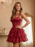 Square Neck Wide Strap Corset Satin Homecoming Dress with Tiered Organza Ruffle Dress & Lace-Up Back