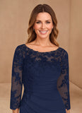 Bateau Neck 3/4 Illusion Lace Sleeve Ruched Sheath Mother of the Bride Dress