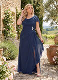 Plus Size Cowl Neck Flutter Sleeve Lace Applique Brooch Ruched Chiffon Mother of the Bride Dress with Side Slit