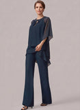 2-Piece Beaded Jewel Neck Batwing Sleeve Tiered Chiffon Pantsuit