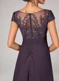 V-Neck Cap Sleeve Sequin Lace Applique Ruched Hi-Low Chiffon Mother of the Bride Dress