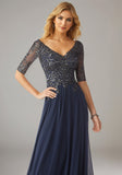 Stretch Mesh Special Occasion Dress with Beaded Metallic Lace Appliqués