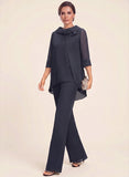 2-Piece Bow Collar 3/4 Sleeve Asymmetric Hem Chiffon Mother of the Bride Pantsuit