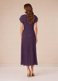 V-Neck Flutter Sleeve Ruched Waist Chiffon Tea Length Mother of the Bride Dress