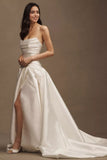Strapless Drop-Waist Draped Ball-Skirt Wedding Gown
