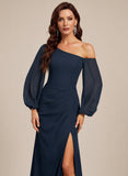 One Shoulder Lantern Sleeve Ruched Waist Side Slit Chiffon Evening Dress