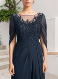 A-line Scoop Illusion Floor-Length Lace Chiffon Mother of the Bride Dress With Sequins Pleated