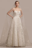 Strapless Floral Embroidered Tulle Pockets A-Line Wedding Dress with Train