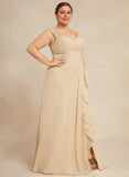 A-line V-Neck Floor-Length Lace Chiffon Mother of the Bride Dress With Cascading Ruffles