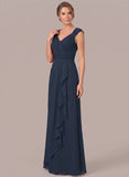 V-Neck Cap Sleeve Diamond Ruched Waistband Side Cascade Chiffon A-Line Mother of the Bride Dress