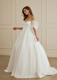 Ball-Gown/Princess Off the Shoulder Sweep Train Satin Wedding Dress With Ruffle