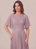 Bateau Neck Flutter Sleeve Floral Embroidered Chiffon A-Line Mother of the Bride Dress