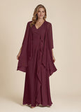 2-Piece V-Neck Cascade Ruffle Chiffon Mother of the Bride Dress with 3/4 Sleeve Jacket