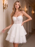 Spaghetti Strap Sweetheart Sheer Boned Corset Sequin Tulle Fit and Flare Mini Dress
