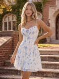 Spaghetti Strap Sweetheart Corset Floral Chiffon A-Line Mini Dress
