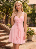 Spaghetti Strap V-Neck Bow Tie Front Ruffle Cascade Chiffon A-Line Mini Dress