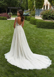 Elegant A-line Illusion Lace Wedding Gown with Beaded Botanical Embroidered Appliqués