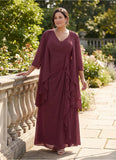 Plus Size 2-Piece V-Neck Crossover Ruched Chiffon Mother of the Bride Dress with 3/4 Sleeve Jacket & Cascade Ruffle