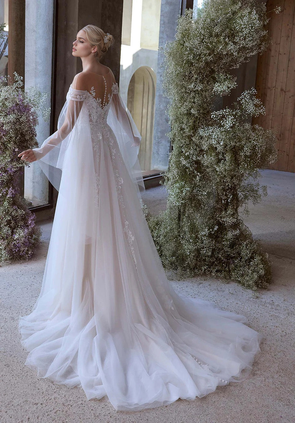 illusion off the shoulder princess wedding dress with sleeves Off Shoulder Long Sleeve Romantic Wedding Dress with Princess Silhouette Off White / Lace / 4