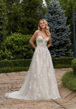 Ethereal A-line Frosted Floral Embroidered Appliqués Lace Wedding Gown