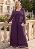Plus Size 3-Piece Square Neck Sequin Embroidered Camisole Top, Long Sleeve Embroidered Jacket & Double-Tiered Wide-Leg Pants Mother of the Bride Pantsuit