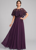 Illusion Scoop Neck Sequin Lace Cape Sleeve Ruched Waist Chiffon A-Line Mother of the Bride Dress