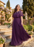 Plus Size Illusion Scoop Neck Sequin Lace Cape Sleeve Ruched Waist A-Line Chiffon Mother of the Bride Dress