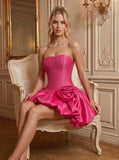 Strapless Corset Pearl Trim 3D Rose Bubble Skirt Satin Mini Dress