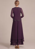 3-Piece Square Neck Beaded Floral Camisole Top, Long Sleeve Chiffon Jacket & Tiered Wide-Leg Pants Mother of the Bride Pantsuit