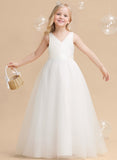 Ball-Gown/Princess V-Neck Floor-Length Tulle/Satin Flower Girl Dress With Bow