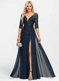 Sheath/Column V-Neck Floor-Length Lace Chiffon Mother of the Bride Dress With Sequins