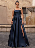 A-line Straight Floor-Length Satin Prom Dresses With Pleated