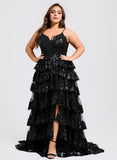 Plus Size Ball-Gown/Princess V-Neck Sweep Train Lace Prom Dresses With Sequins