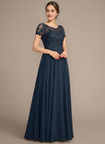 A-line Scoop Illusion Floor-Length Lace Chiffon Mother of the Bride Dress With Sequins