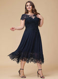 Plus Size A-line Scoop Illusion Tea-Length Lace Chiffon Mother of the Bride Dress With Sequins