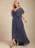 A-line V-Neck Asymmetrical Chiffon Mother of the Bride Dress With Sequins Ruffles