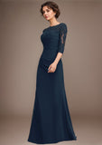 A-line Scoop Floor-Length Chiffon Lace Mother of the Bride Dress With Sequins Beading Pleated