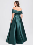 Plus Size Ball-Gown/Princess V-Neck Floor-Length Satin Prom Dresses With Pleated