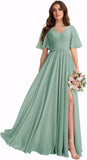 A-Line Chiffon V-Neck Ruffle Sleeves Floor-Length Bridesmaid Dresses with Slit