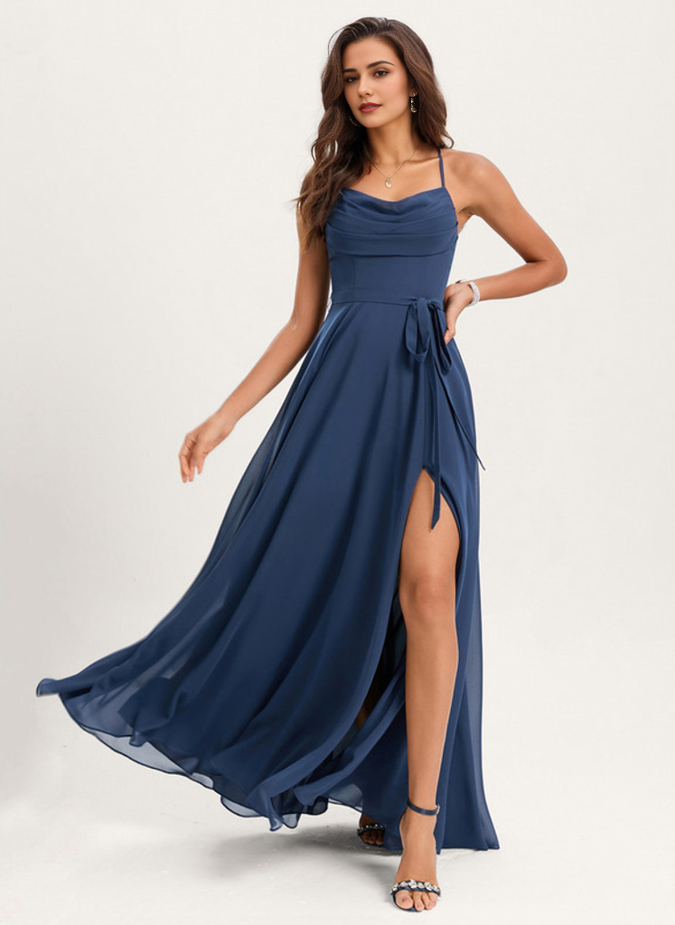 A-line Cowl Floor-Length Chiffon Bridesmaid Dress With Ruffle RoseProm A-line Cowl Floor-Length Chiffon Bridesmaid Dress With Ruffle RoseProm